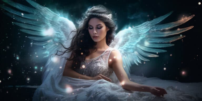 Angel Number 292 - Angel with long dark hair. Her wings are white and a bit of light blue.