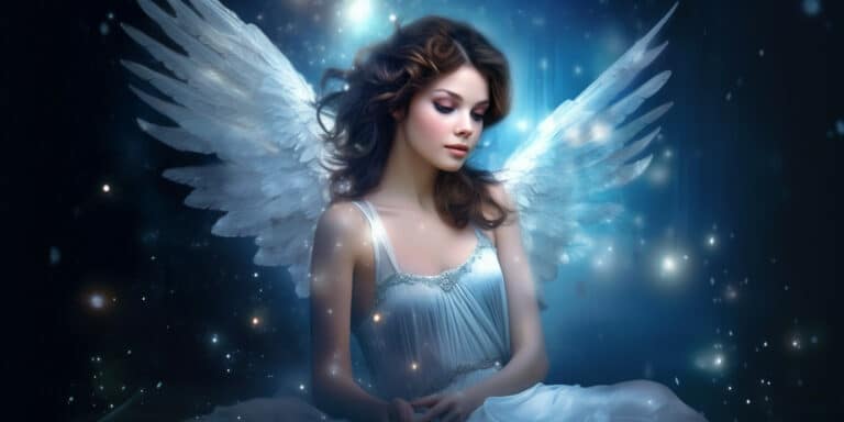 Angel Number 299 - Angel with long dark hair. Her wings are white and a bit of light blue.