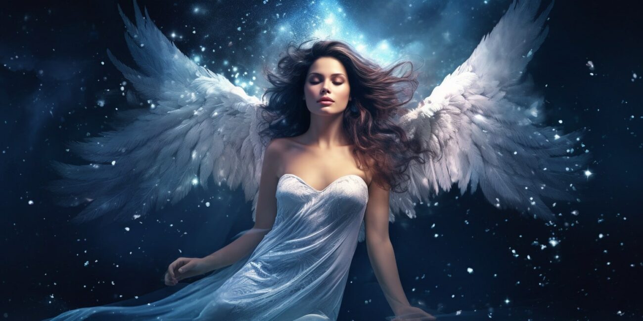 Angel Number 922 - Angel with long dark hair. Her wings are white and a bit of light blue.