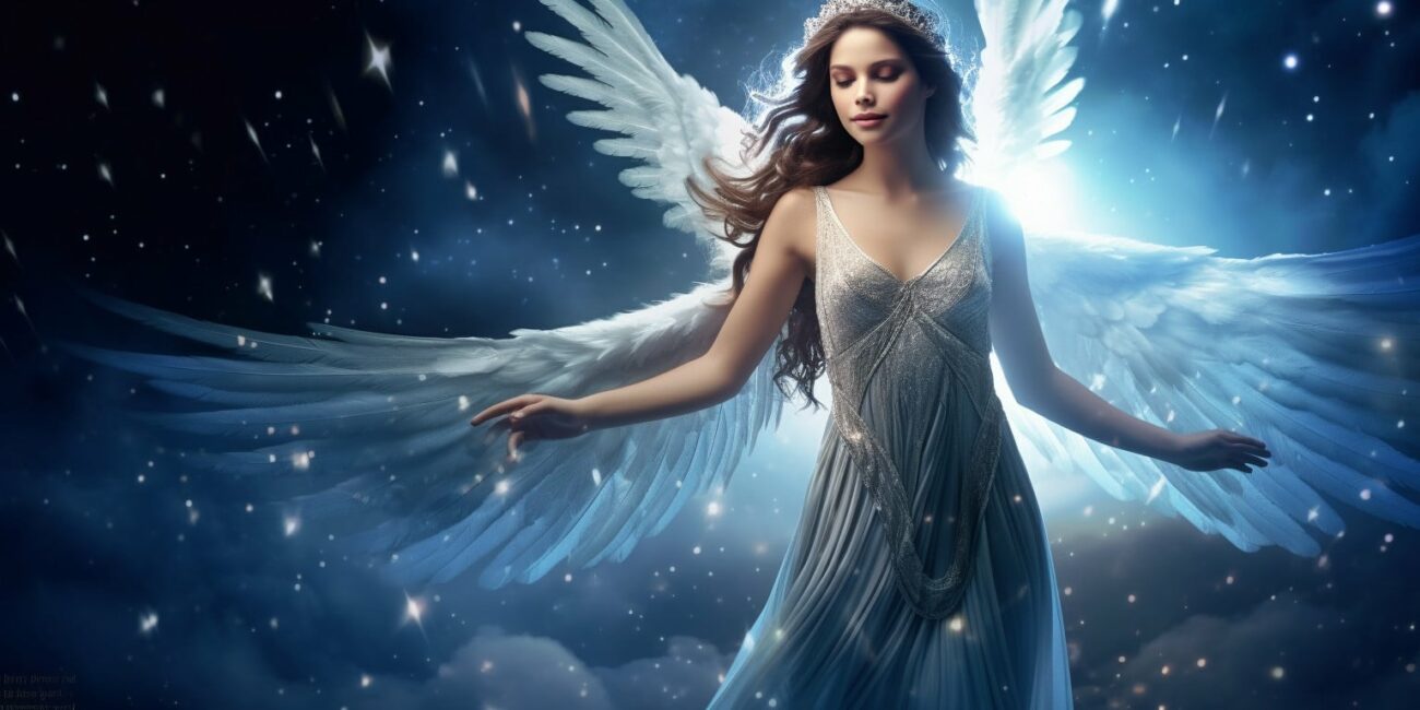 Angel Number 992 - Angel with long dark hair. Her wings are white and a bit of light blue.