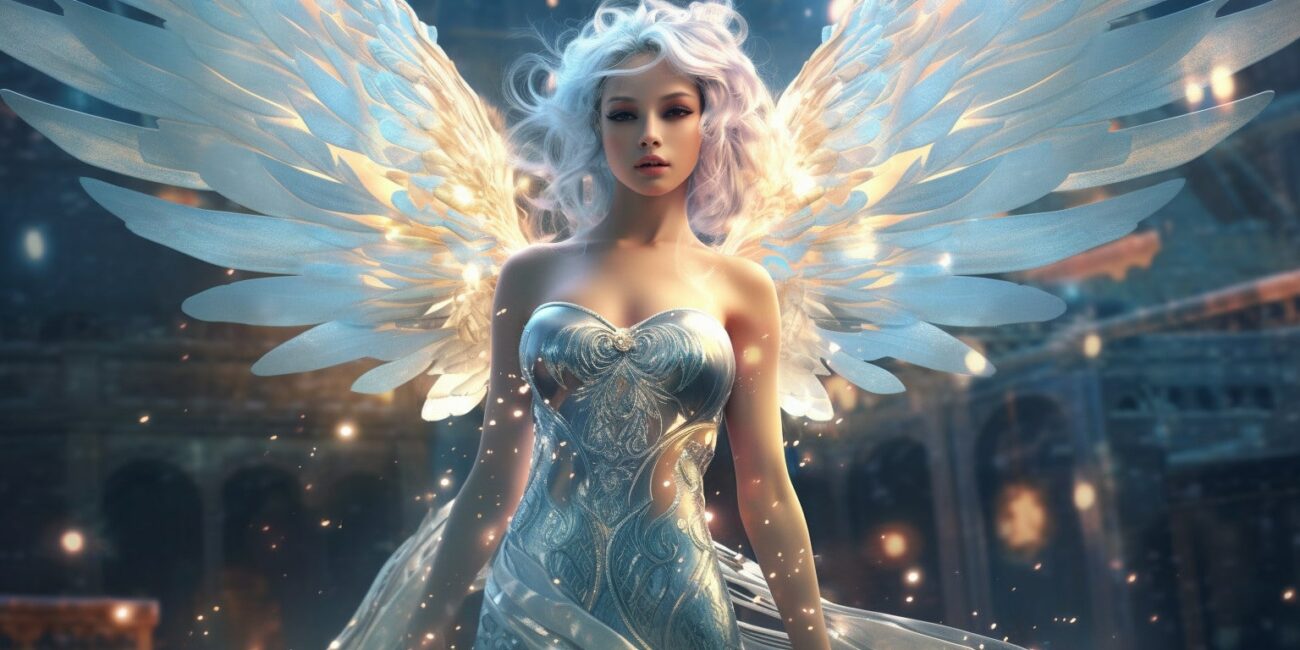 Angel Number 665 - Angel with long light hair. Her wings are white with sparkles.