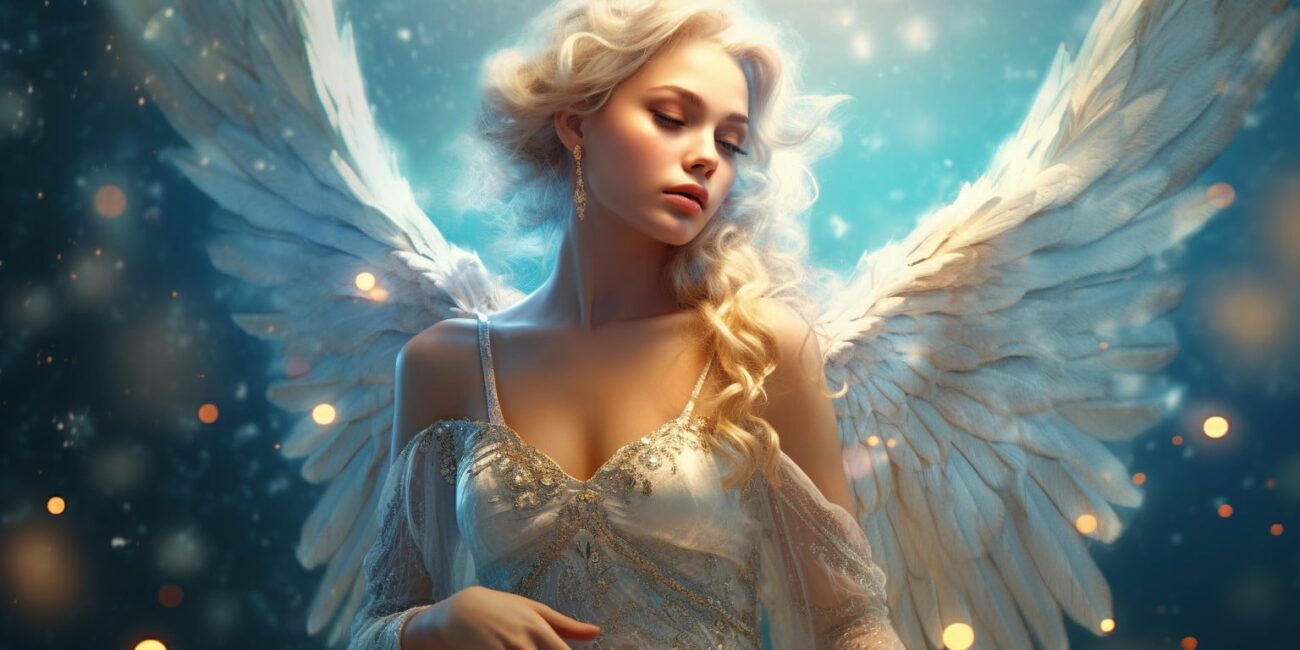 Angel Number 558 - Angel with long blonde hair. There are sparkles around her. Her wings are white but also have shades of light blue.