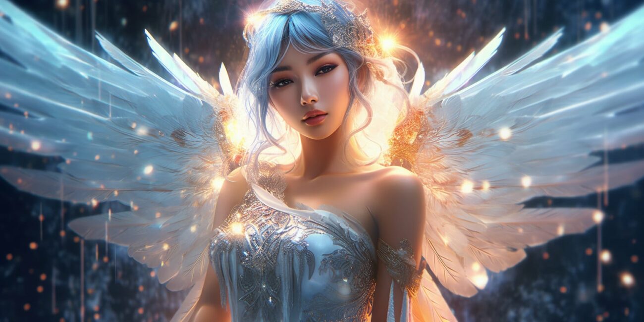 Angel Number 588 - Angel with long white blonde hair. There are sparkles all around her.