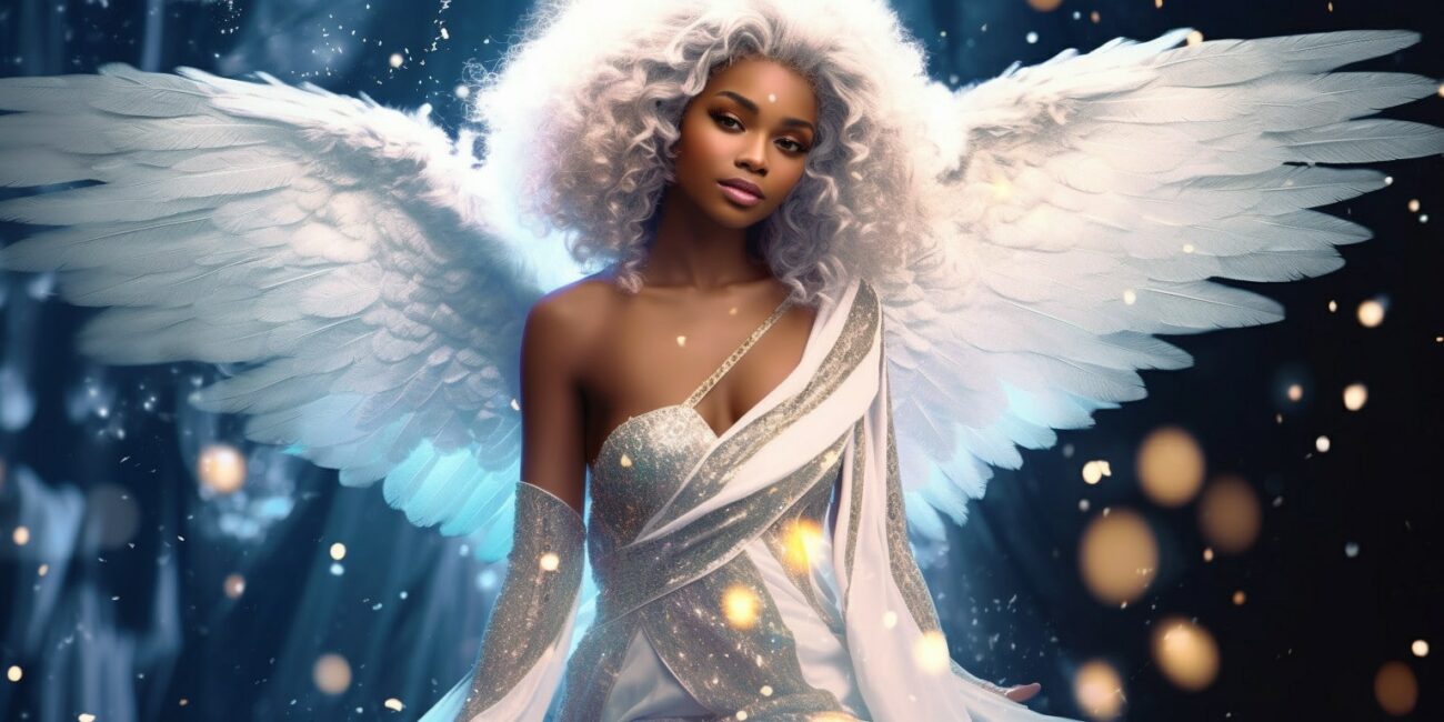 Angel Number 885 - Angel with long white hair. Her wings are pure white.