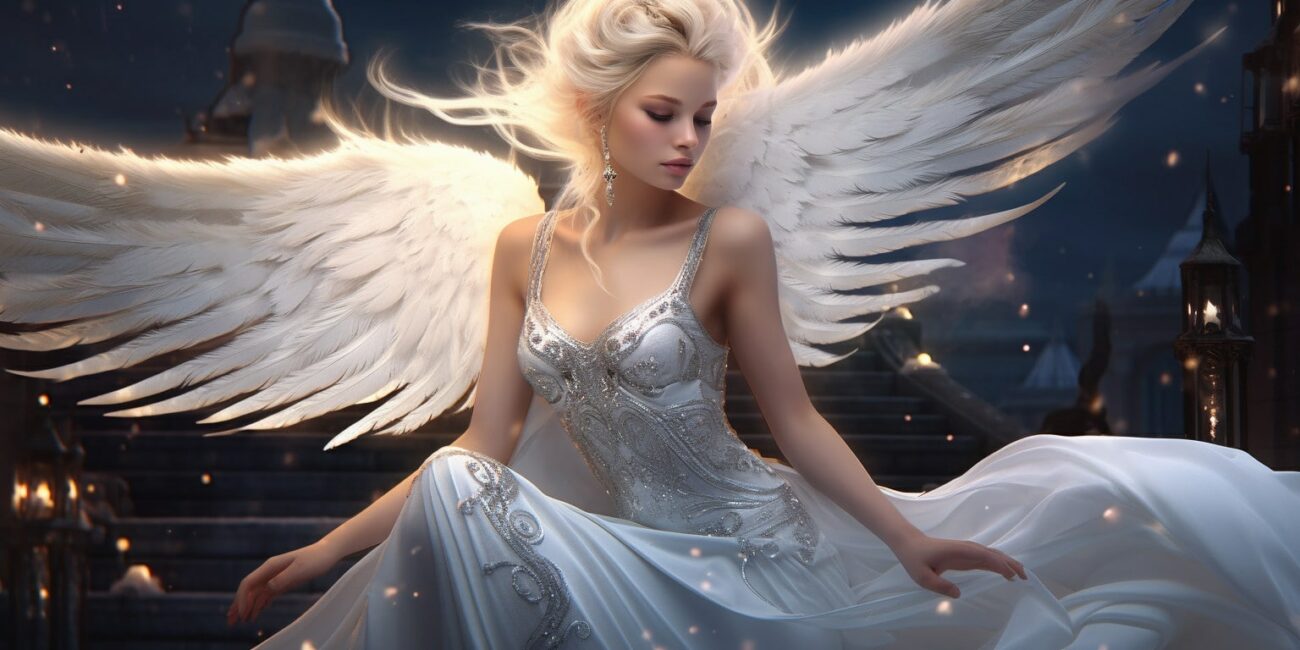 Angel Number 565 - Angel with long light hair. Her wings are white with sparkles.