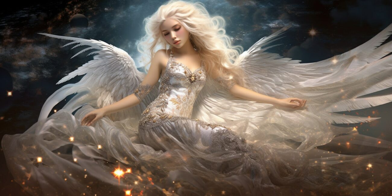 Angel Number 556 - Angel with long light hair. Her wings are long white with sparkles.