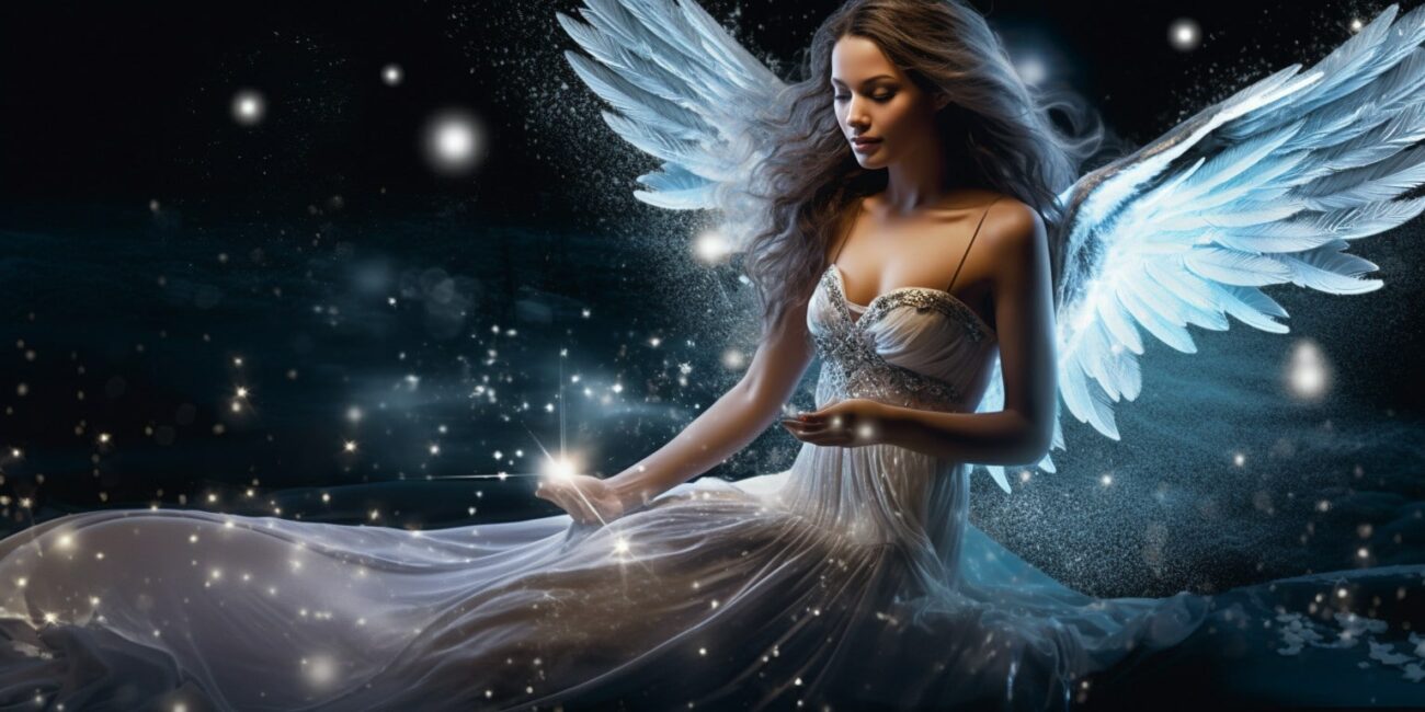 Angel Number 995 - Angel with long dark hair. Her wings are a silver white and light blue.