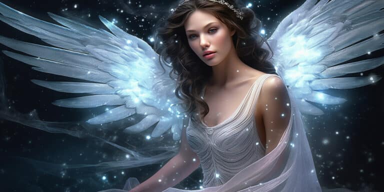 Angel Number 775 - Angel with long dark hair. There are sparkles around her. Her wings are white but also have shades of blue.