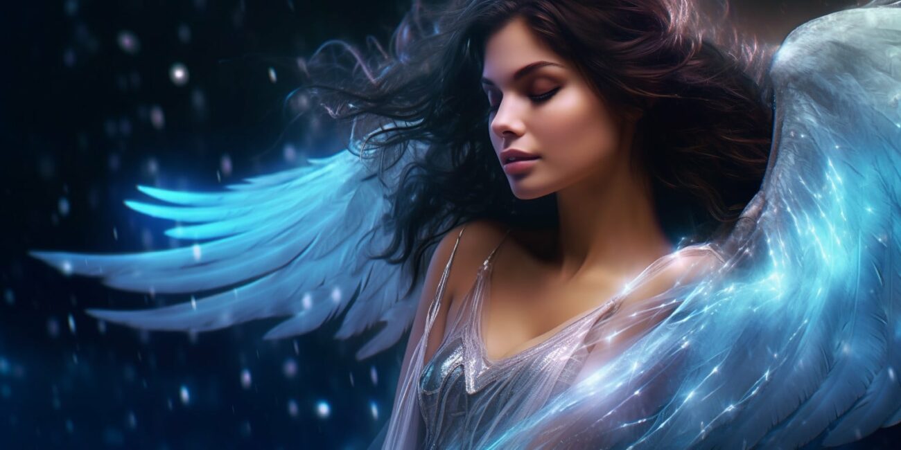 Angel Number 959 - Angel with long dark hair. Her wings are a silver white and light blue.