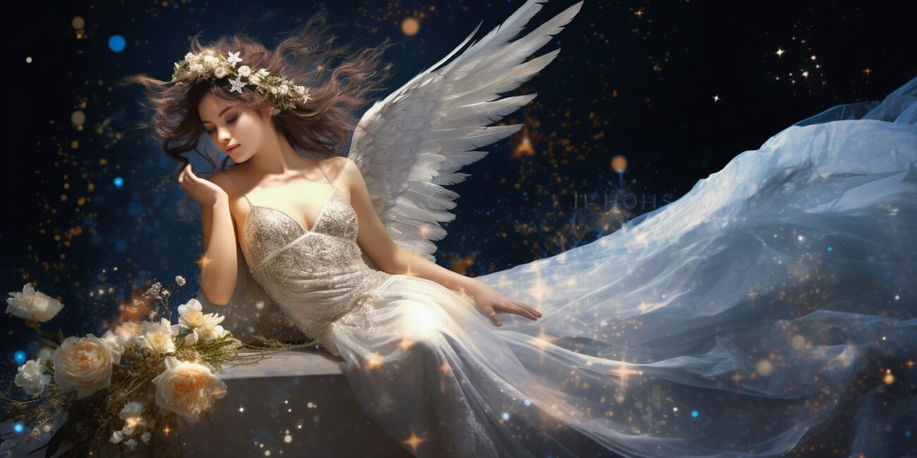 Angel Number 955 - Angel with long dark hair. Her wings are pure white.